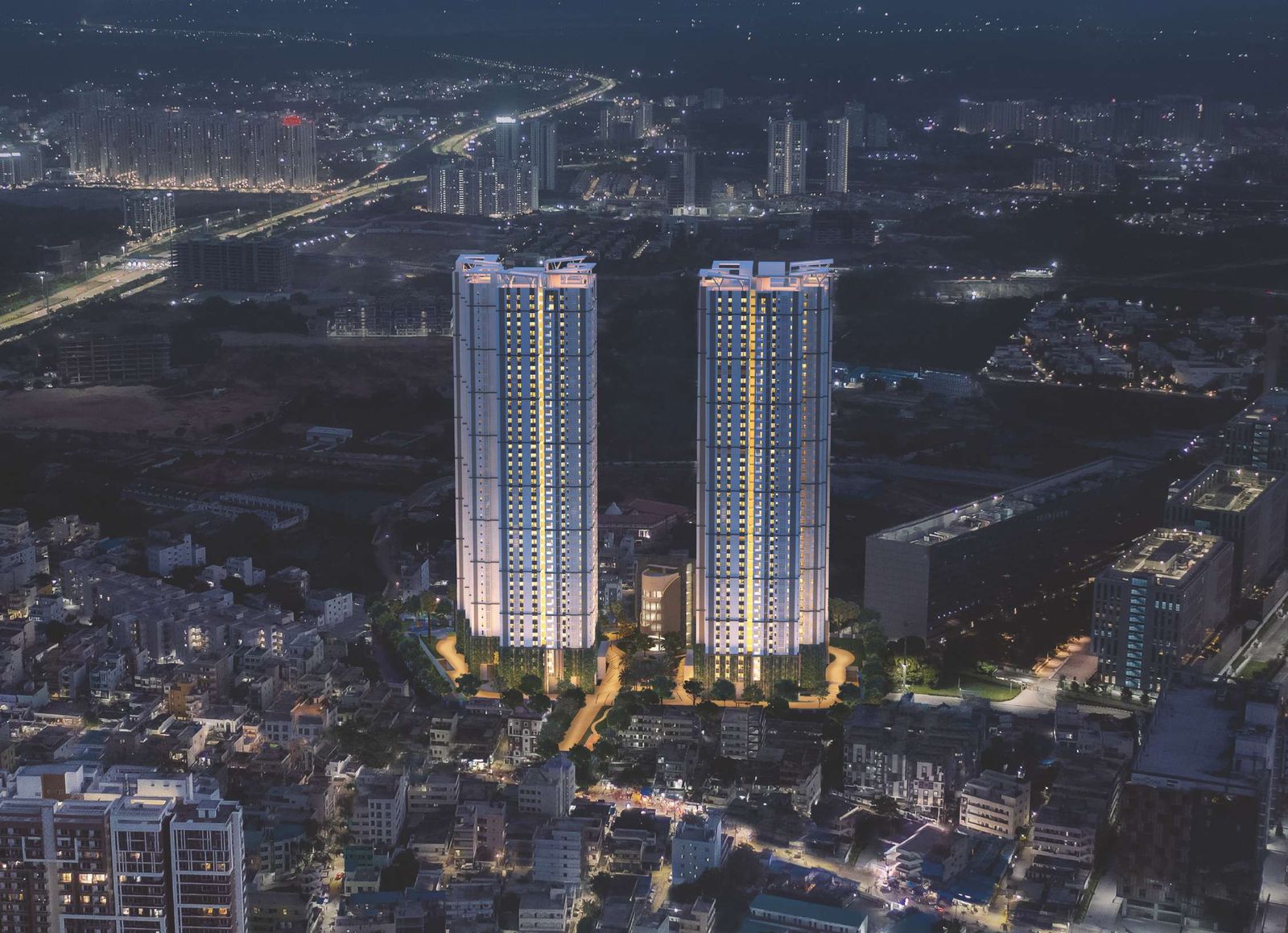 The Olympus — The two 44-floor towers at night